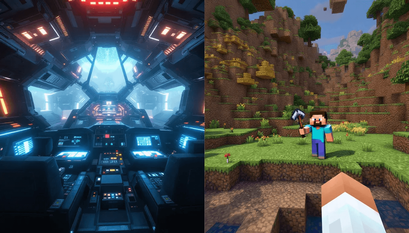 In der Bildveranschaulichung wird das Spiel Icarus, ein PVE Survival Spiel, im Vergleich zu Minecraft dargestellt, wobei die offenen Welten und Koop-Modus-Elemente beider Spiele hervorgehoben werden. Die Darstellung zeigt Spieler, die in der Icarus-Welt Ressourcen sammeln und Missionen erfüllen, während sie auf einem Icarus Dedicated Server spielen.
