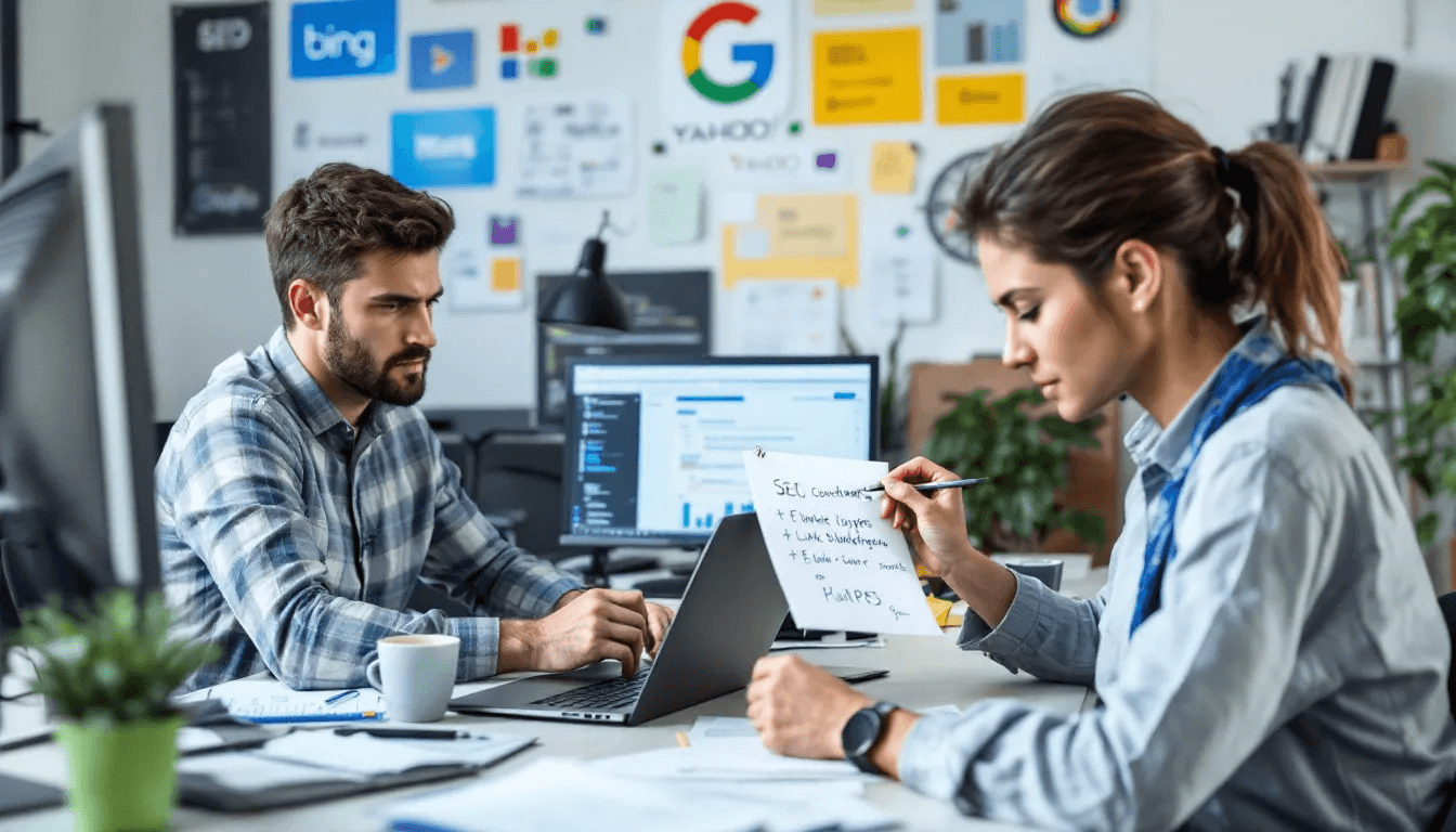 Das Bild zeigt eine grafische Darstellung von Suchmaschinenoptimierung (SEO), mit Elementen wie einer Suchleiste, Datenanalysen und Metadaten, die Informationen über Unternehmen und Produkte bereitstellen. Im Hintergrund sind Symbole für Technologien und Dokumente zu sehen, die den Zugang zu verschiedenen Informationsquellen verdeutlichen.
