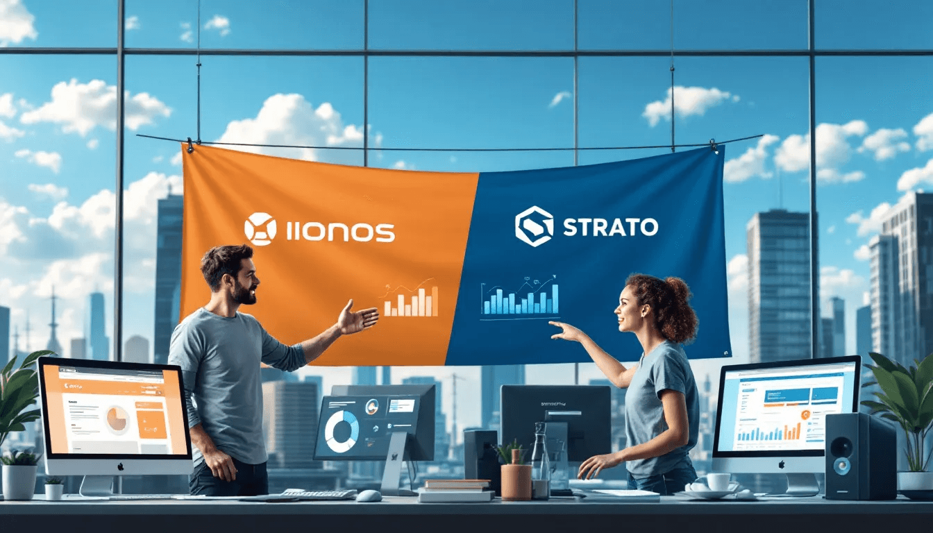 Das Bild veranschaulicht den Vergleich zwischen IONOS und STRATO, zwei führenden Webhosting-Anbietern in Deutschland. Es zeigt die unterschiedlichen Produkte, Leistungen und Preise der Unternehmen, die zur United Internet AG gehören, sowie deren Angebote für Online-Marketing-Tools und Cloud-Speicherlösungen wie HiDrive.