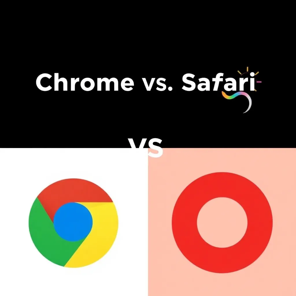Vergleich von Google Chrome und Safari Browser mit Symbolen für Geschwindigkeit und Datenschutz.