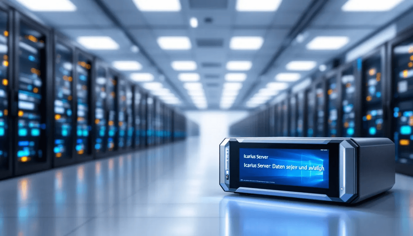 In der Abbildung ist eine grafische Darstellung eines Icarus Dedicated Servers in der Cloud zu sehen, umgeben von digitalen Elementen, die die Freiheit und Möglichkeiten eines PVE Survival Spiels im Koop-Modus symbolisieren. Diese Szene vermittelt das Gefühl einer offenen Welt, in der Spieler gemeinsam Abenteuer erleben können.