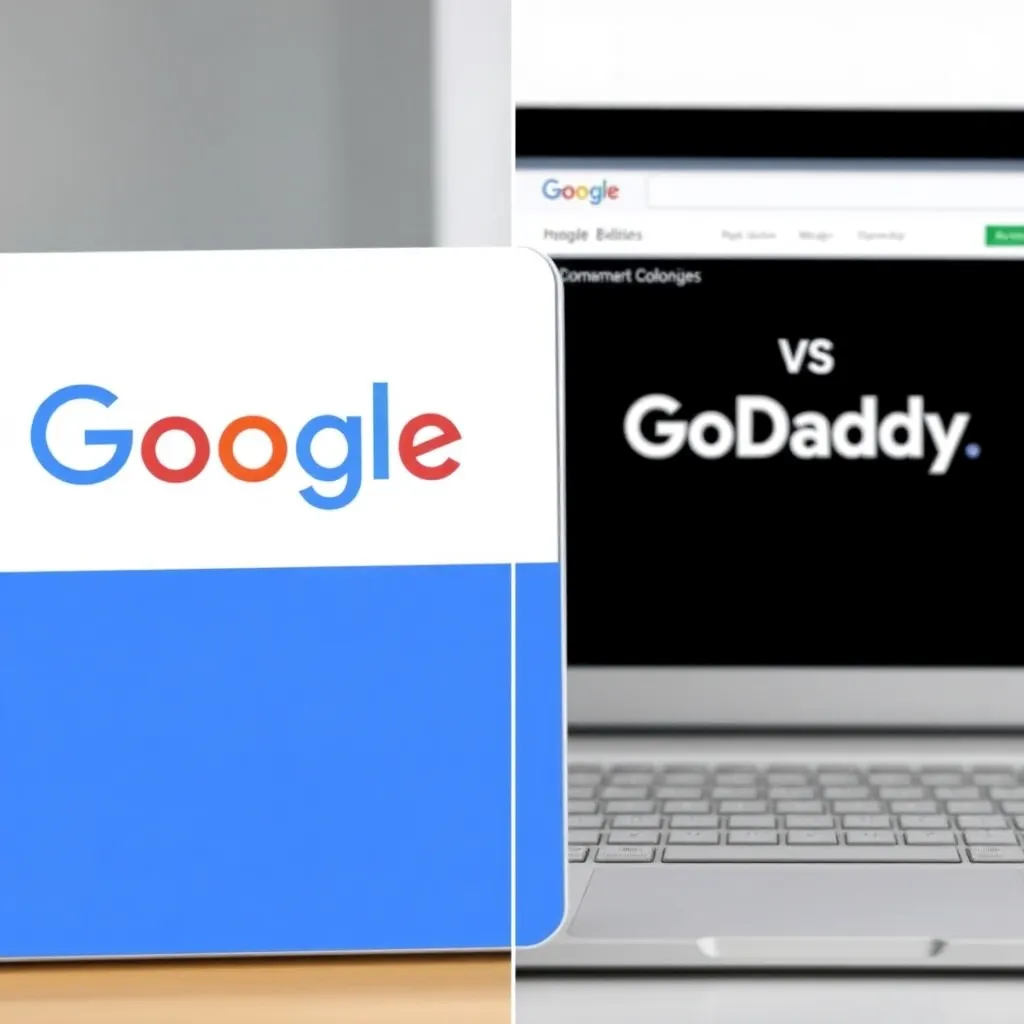 Vergleichsansicht von Google Domains und GoDaddy Benutzeroberflächen mit Preisvergleichstabelle