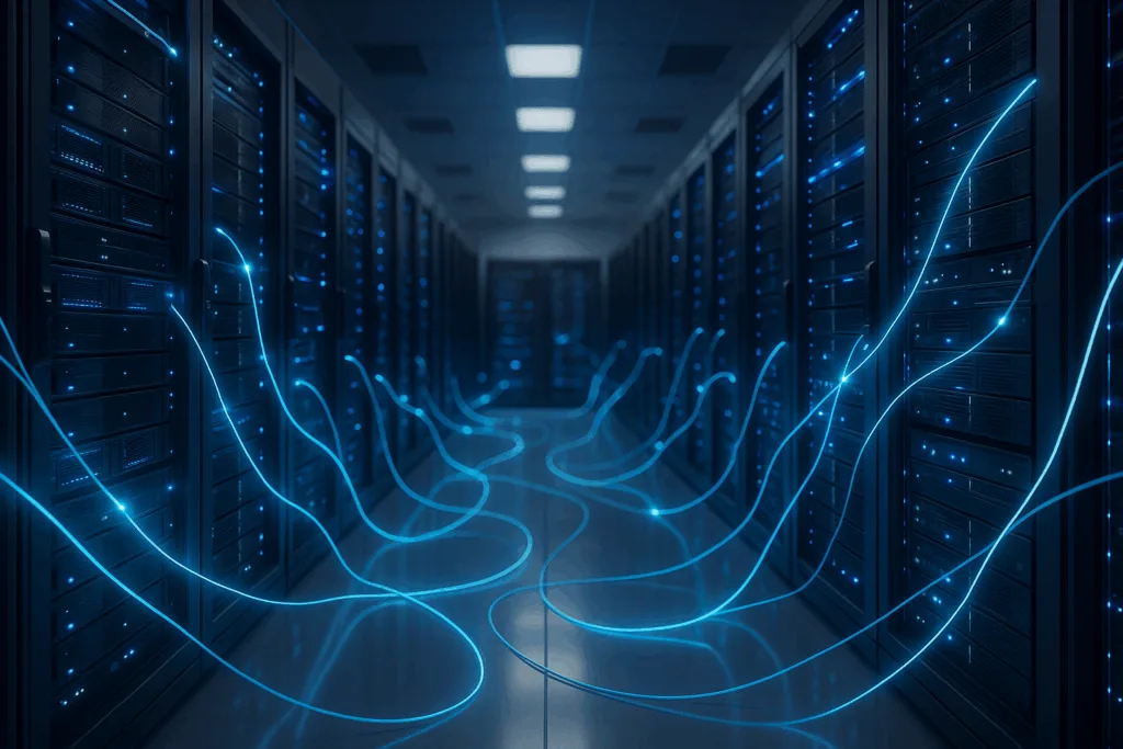 Modern Serverraum mit glühenden Netzwerkverbindungen, photorealistisch